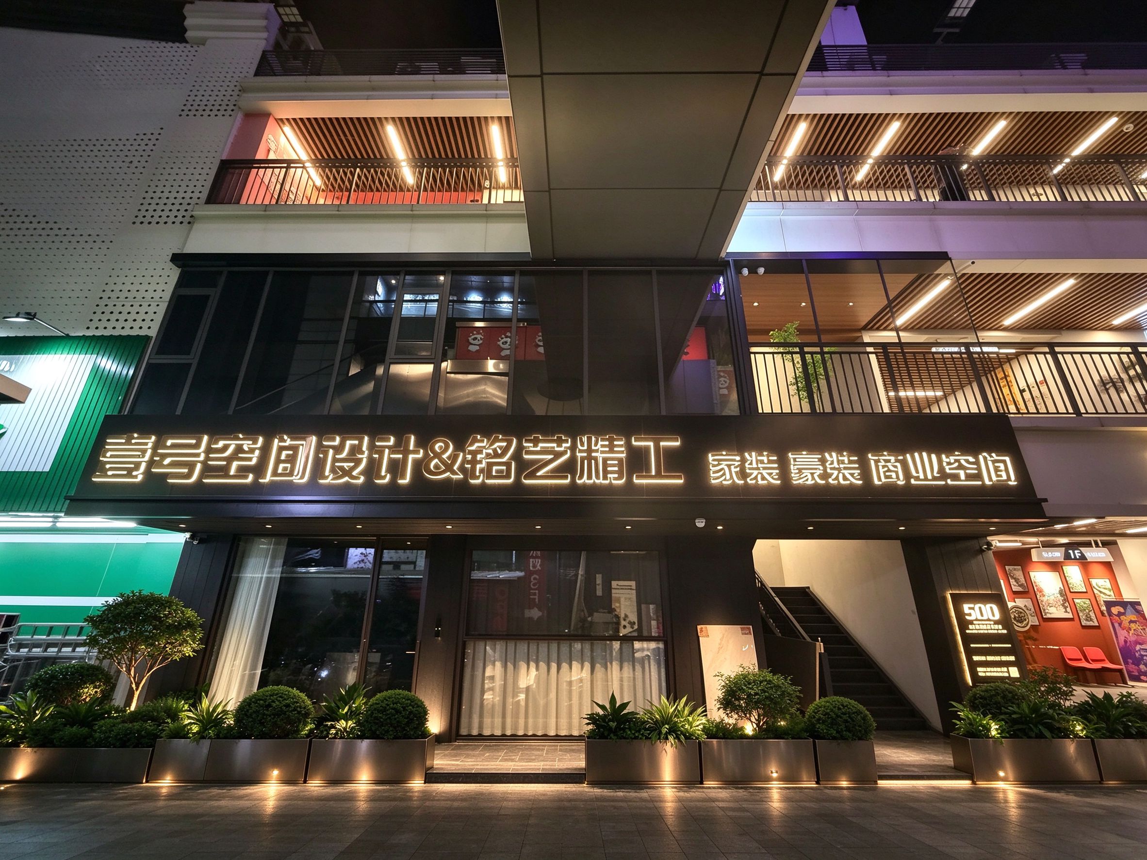 壹号空间设计与铭艺精造普宁门店门头夜景，位于华美创意园
